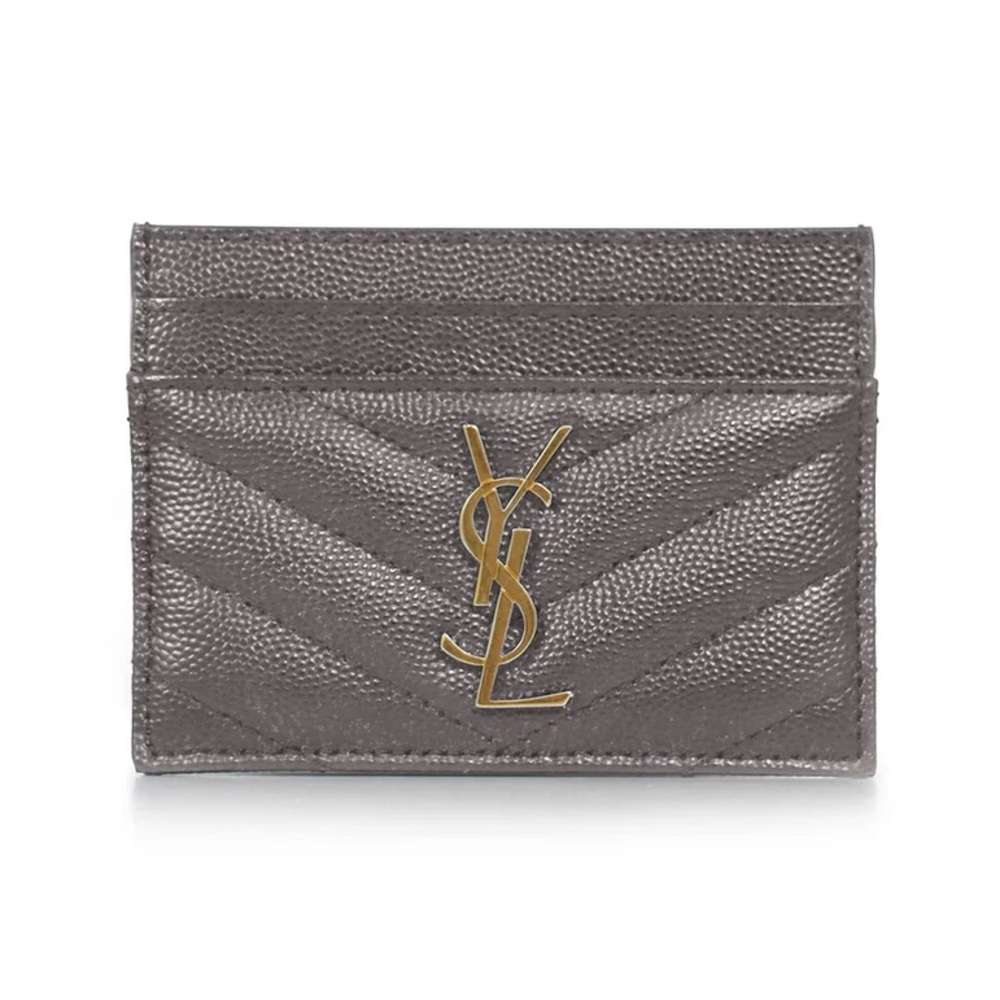 Yves Saint Laurent YSL Monogram Caviar Leather Gray Card Holder Case